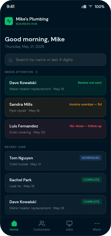 Business Hub home screen attention queue