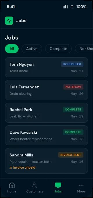 Business Hub jobs list showing all statuses