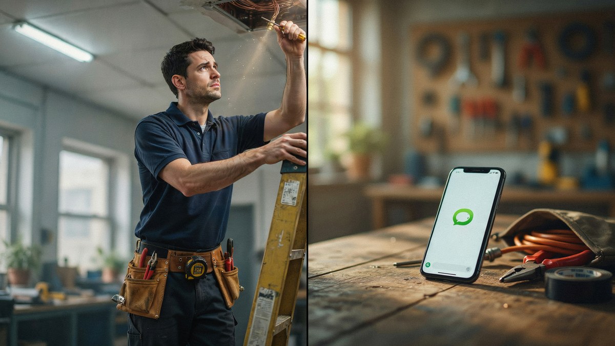 Contractor on a ladder working on site while a phone with a text message notification sits on a workbench nearby