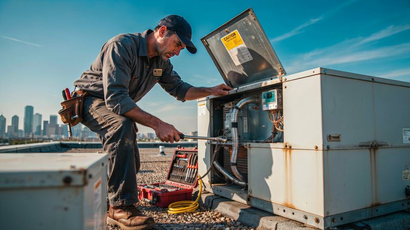 HVAC technician working on a rooftop unit in Houston