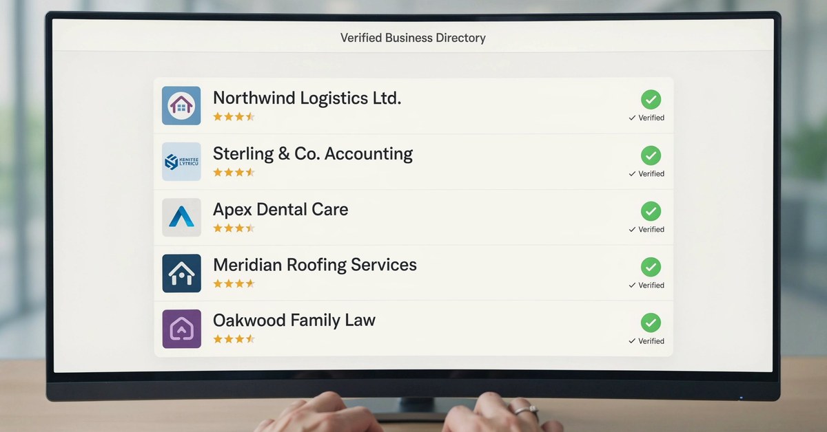 Business owner reviewing verified business directory listings on desktop monitor